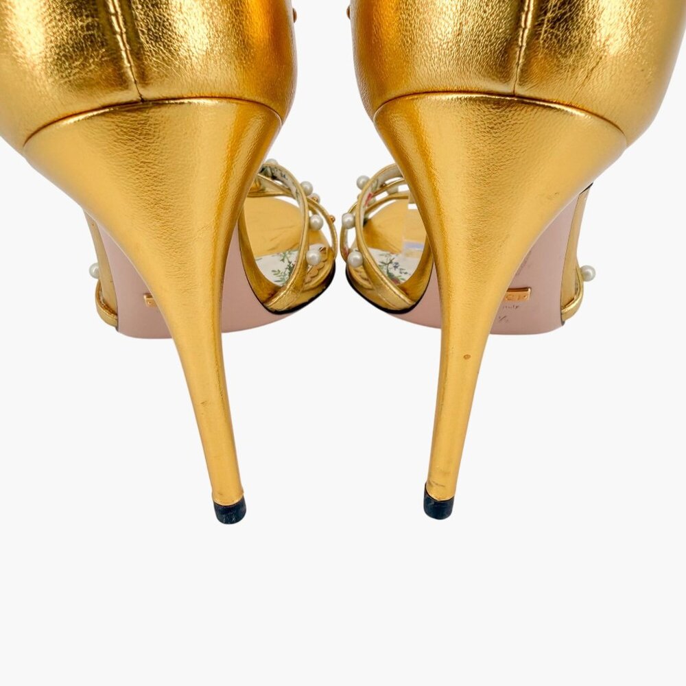 Gucci Regina Metallic Gold Pearl Studded T-Strap Heels Bee GG Size 37.5 US 7.5 - Picture 7 of 15